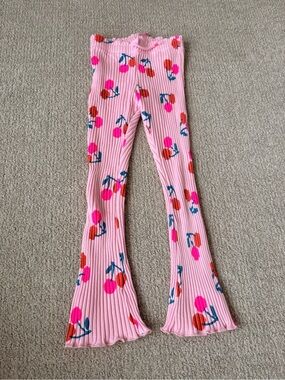 Zara Pink Ribbed Flare Kids Leggings with Cherry Print
